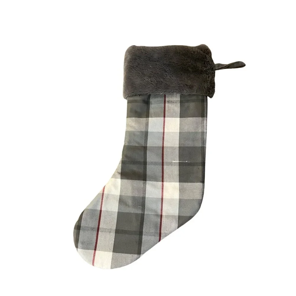 Dog Christmas Stocking Gray Plaid Paw Print Pet Holiday Stocking Faux Fur Cuff U